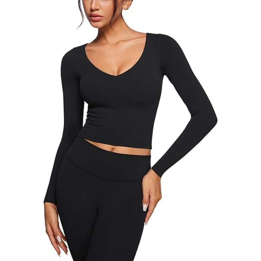 Women's V-Neck Crop Tops MEDIUM Black Long Sleeve Slim Fit Yoga Gym Tops